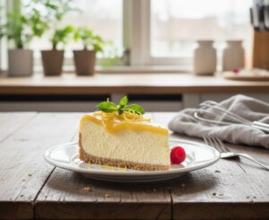 Delicioso Cheesecake de Limón en tu Robot de Cocina Monsieur Cousine: Frescura y Sabor en Cada Bocado receta de Cheesecake de Limón en monsieur cuisine el robot del lidl en la imagen se aprecia una porción de tarta sobre un plato blanco con una base de galleta triturada y por encima una especie de cobertura de limon. Se trata de una imagen luminosa con una ventana de fondo y el plato sobre una mesa de madera antigua y oscura.