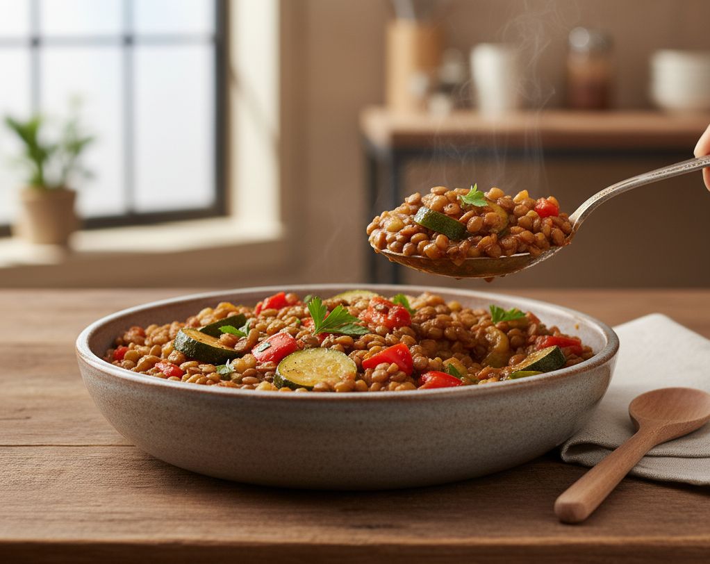 Guiso de Lentejas con Calabacín y Pimiento Rojo