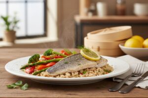Lubina al Vapor con Arroz Integral y Verduras