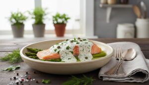 Delicioso Salmón al Vapor con Salsa de Yogur y Eneldo en el Robot de Cocina Monsier Cousine Salmón al Vapor con Salsa de Yogur y Eneldo en monsier cuisin el robot del lidl