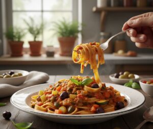 Tallarines con Ragú de Verduras y Aceitunas