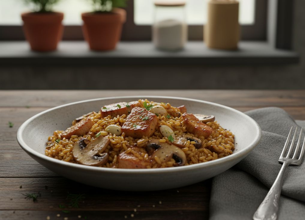 arroz con secreto iberico y champiñones
