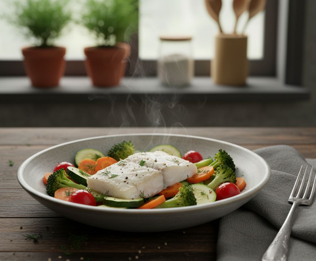 pescado blanco al vapor con verduras en monsieur cuisine el robot del lidl